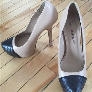 High heeled platforms, nude and black, size 7.
